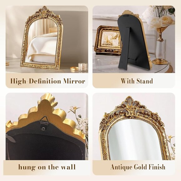 Vintage Makeup Desk Mirror 7 Inch Gold Antique Mirror Frame Decorative Wall Art - Picture 5 of 8